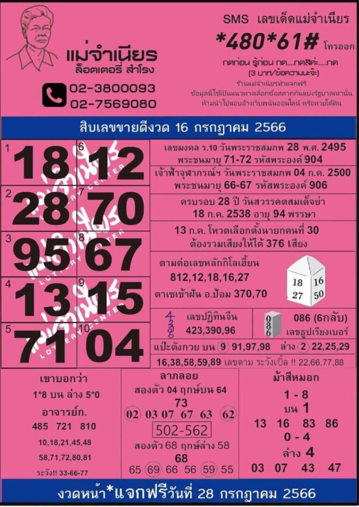 หวยไทย แม่จำเนียร 16/7/66