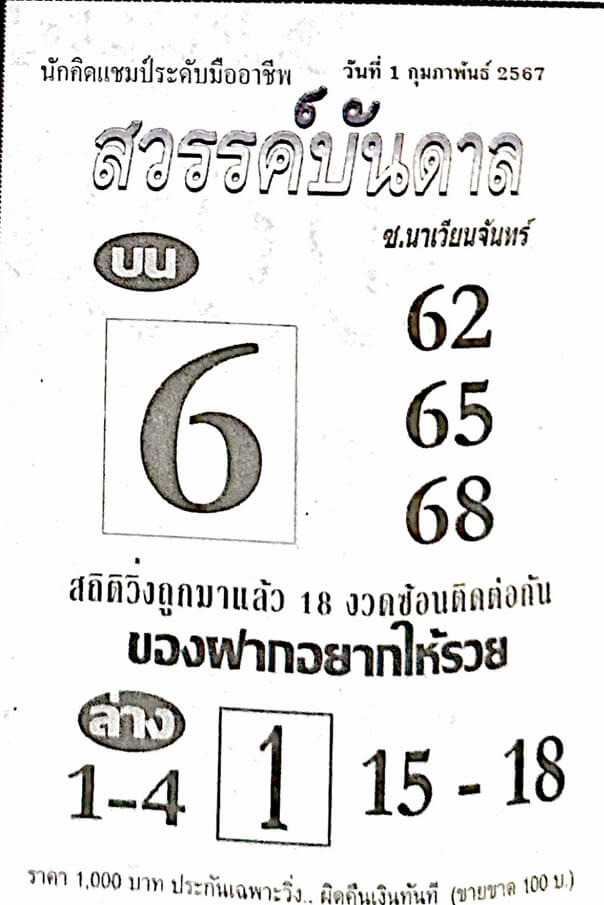 หวยไทย สวรรค์บันดาล 1/2/67